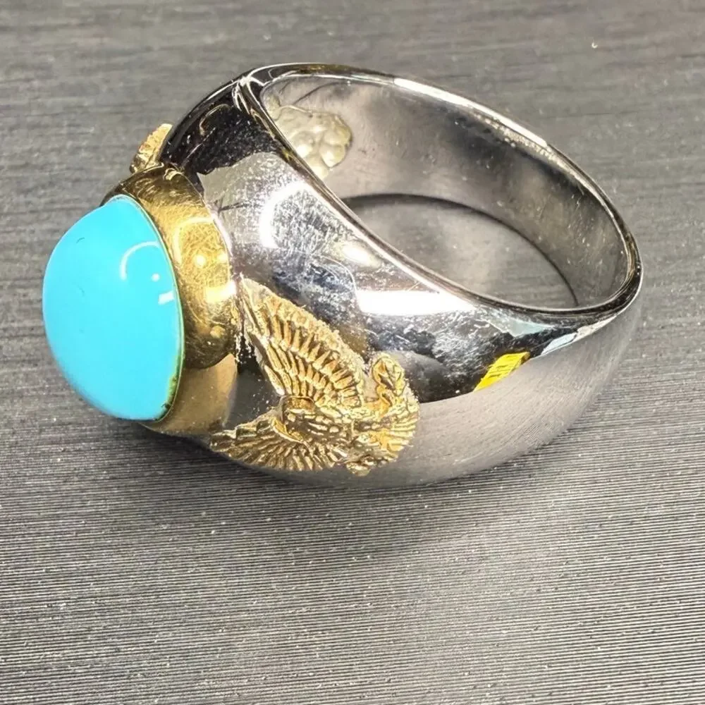 Solid 925 Sterling Silver And Solid 10k Yellow Gold Turquoise Stone Size 10 Ring